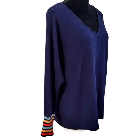 Isela Womens Sweater Size XL V Neck Striped Cuffs Dark Blue - Picture 4 of 11